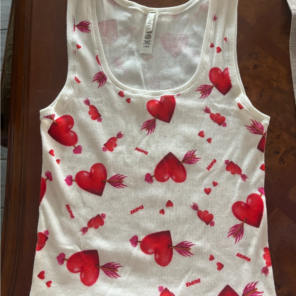 SKIMS White and Red Heart Tank Top